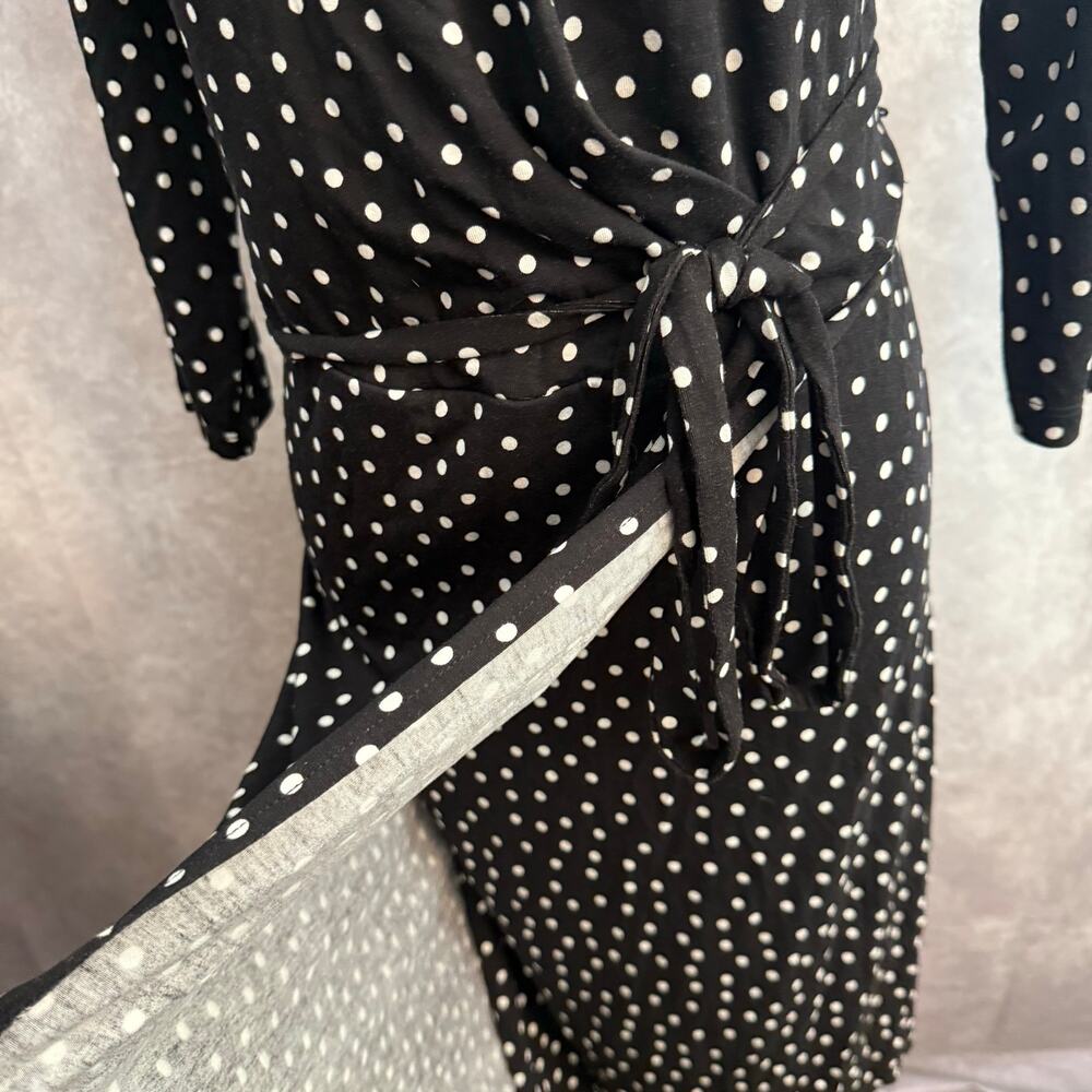 Black White Polka Dot Wrap Dress Stretchy XXL with Tie Bow Waist Mid Length - Picture 7 of 10